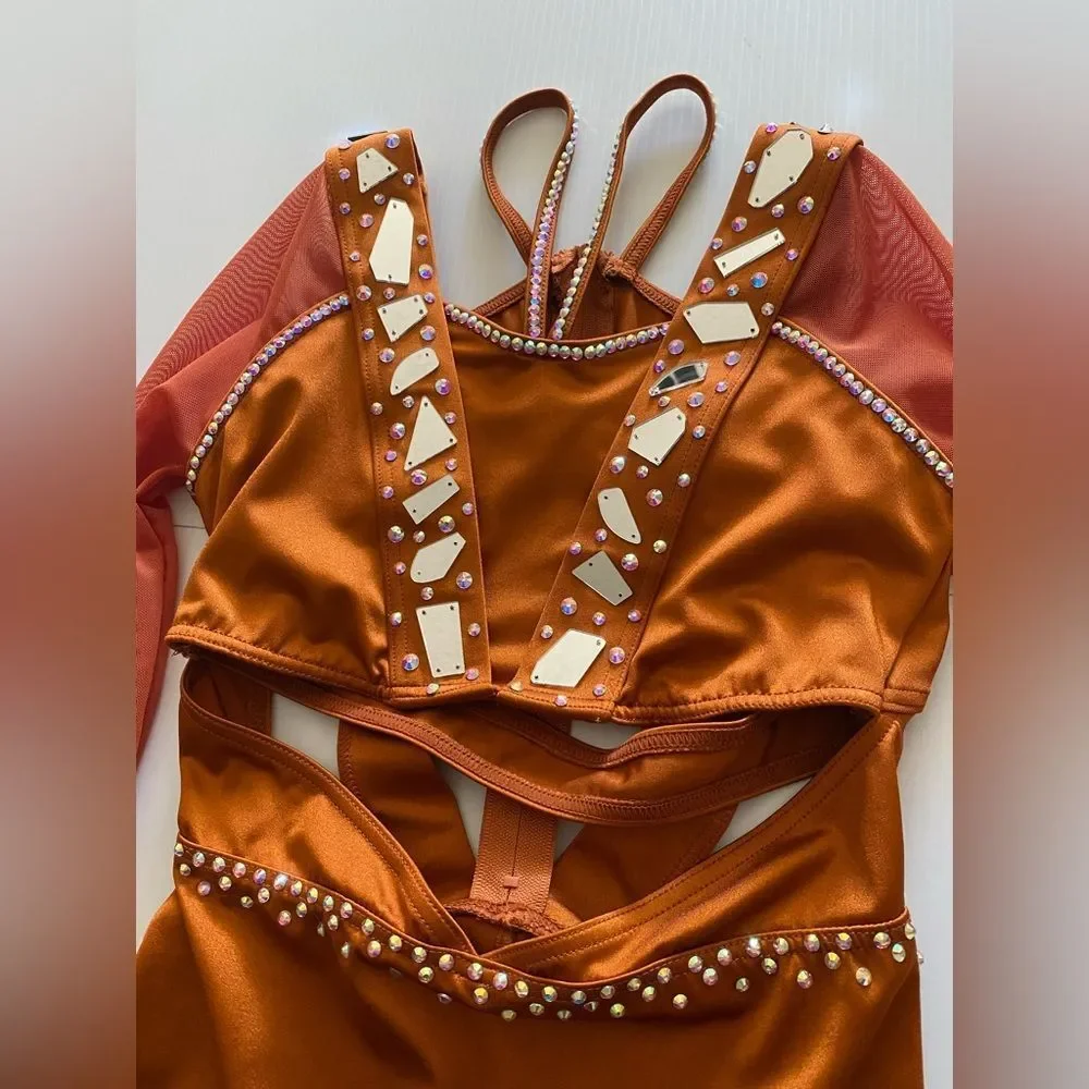 Weissman solo custom rhinestone dance costume orange Baba O'Riley 15845 MC child - Picture 7 of 15
